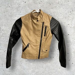 NY YOKI GIRLS BIKER JACKET FAUX LEATHER BLACK TAN 5/6 SLANT ZIPPER